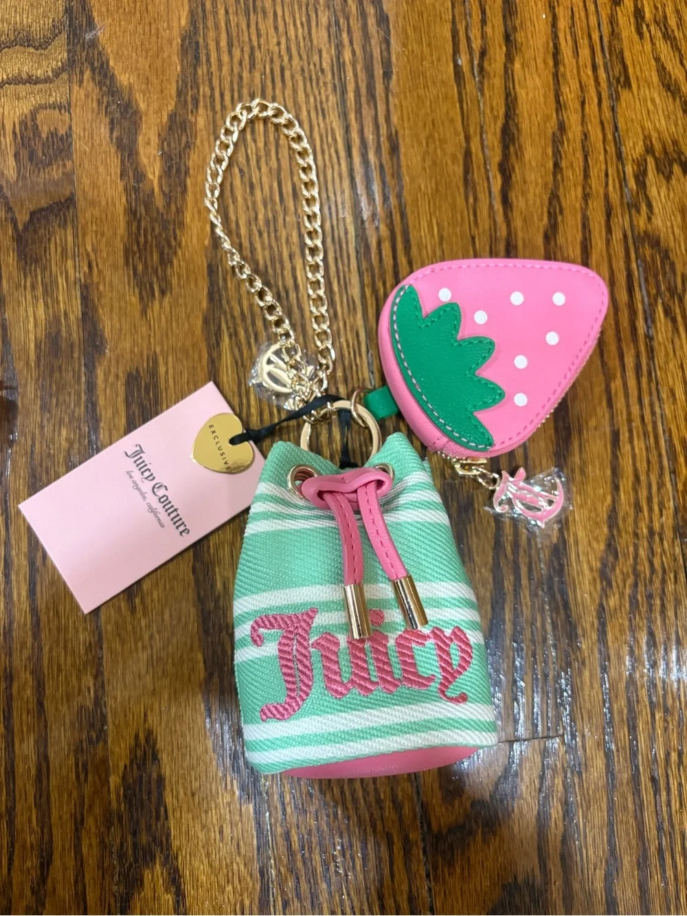 Juicy Couture Green & Pink Mini Stripe Drawstring Pouch with Strawberry Charm